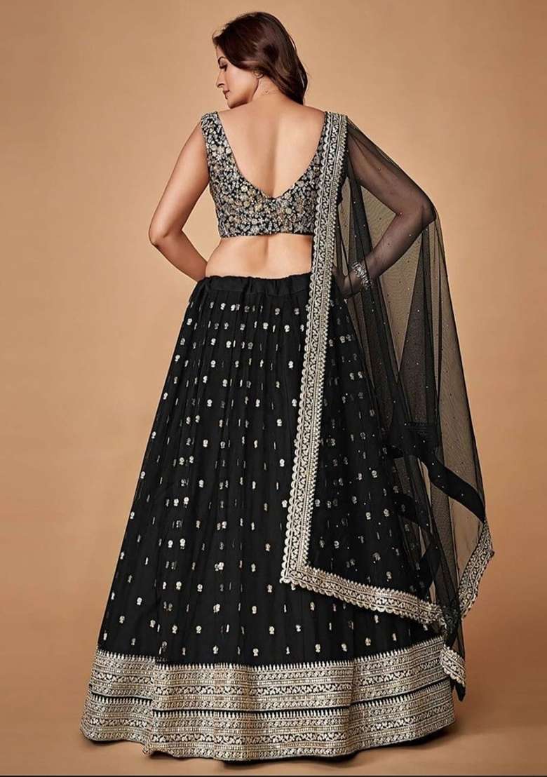 Black Embroidered Net Lehenga Set for Diwali and Festive Wear - Indya
