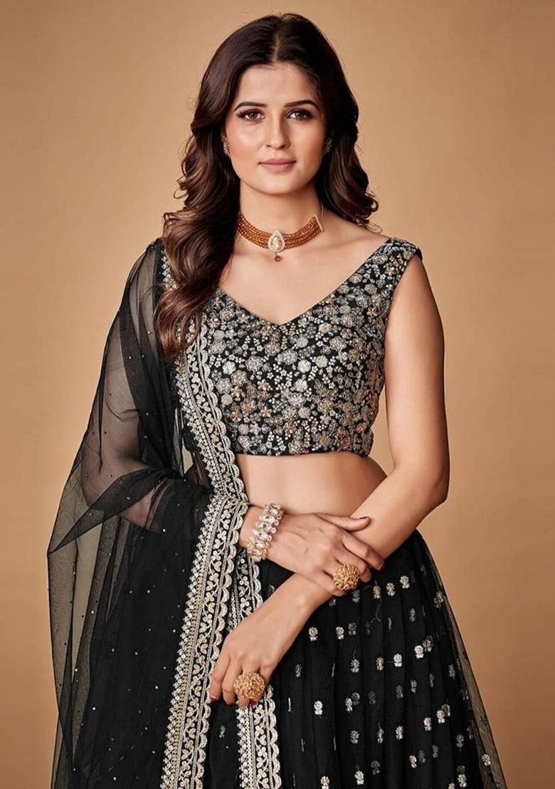 Black Embroidered Net Lehenga Set