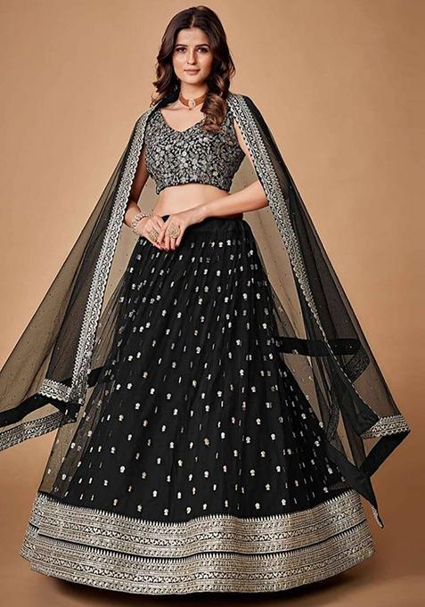 Black Embroidered Net Lehenga Set