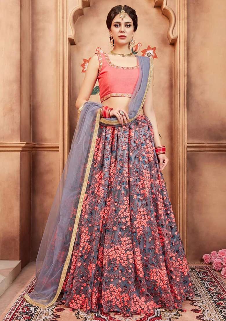 Grey Embroidered Net Lehenga Set for Diwali and Festive Wear - Indya