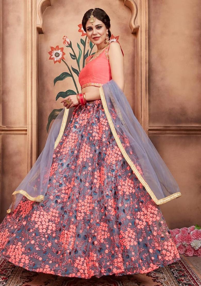 Grey Embroidered Net Lehenga Set