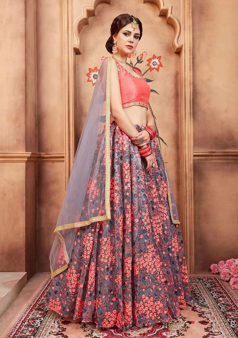 Grey Embroidered Net Lehenga Set for Diwali and Festive Wear - Indya