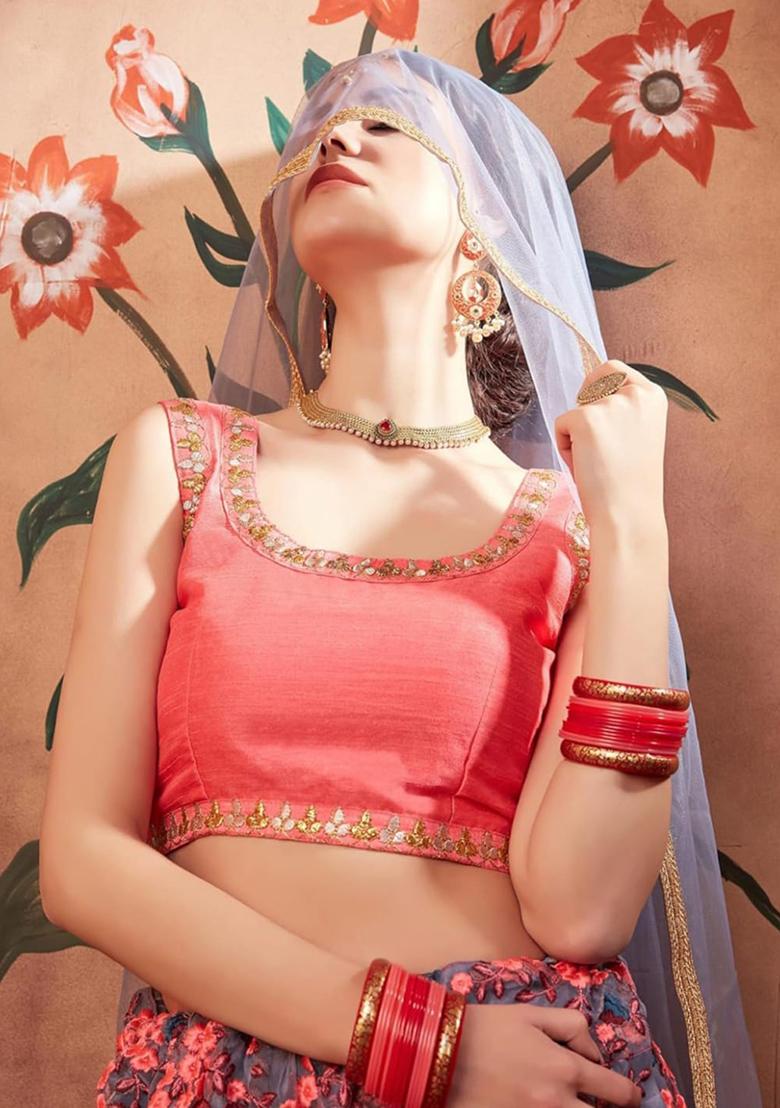 Grey Embroidered Net Lehenga Set