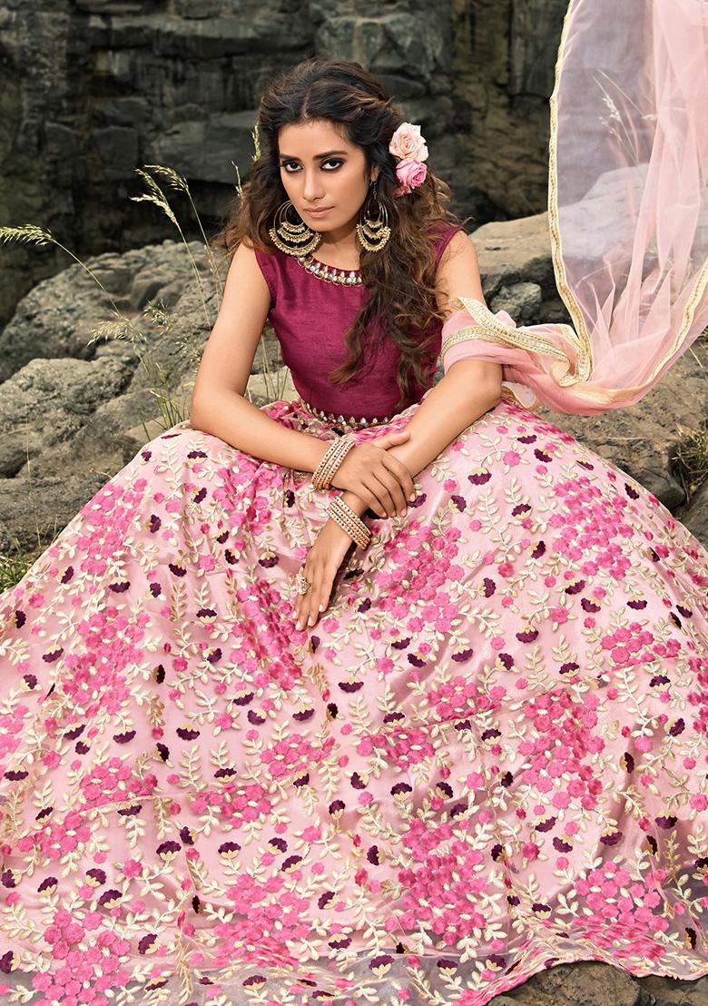 Light Pink Embroidered Net Lehenga Set