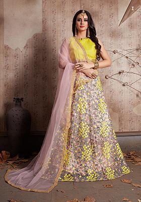 Yellow Embroidered Net Lehenga Set