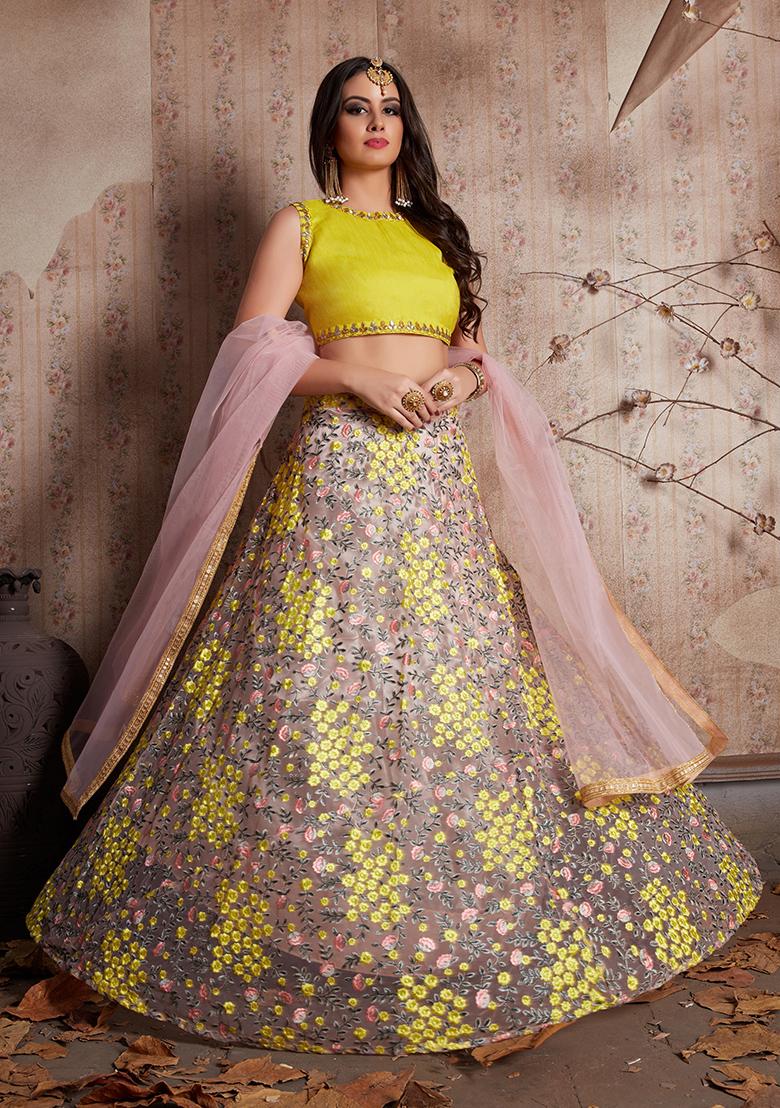 Yellow Embroidered Net Lehenga Set
