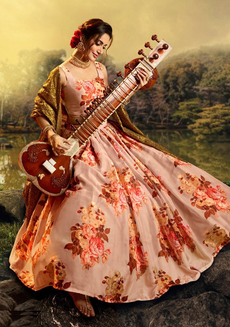 Peach Embroidered Organza Lehenga Set