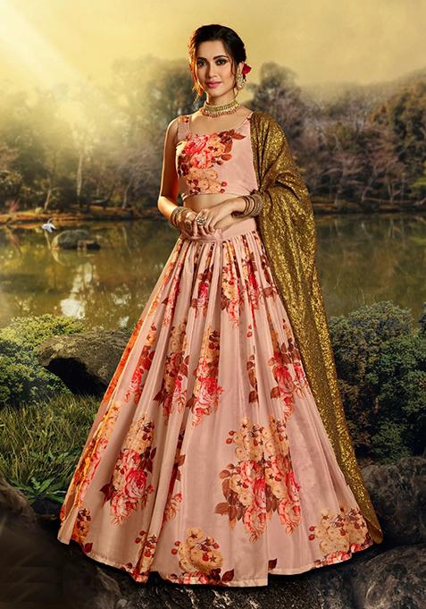 Peach Embroidered Organza Lehenga Set
