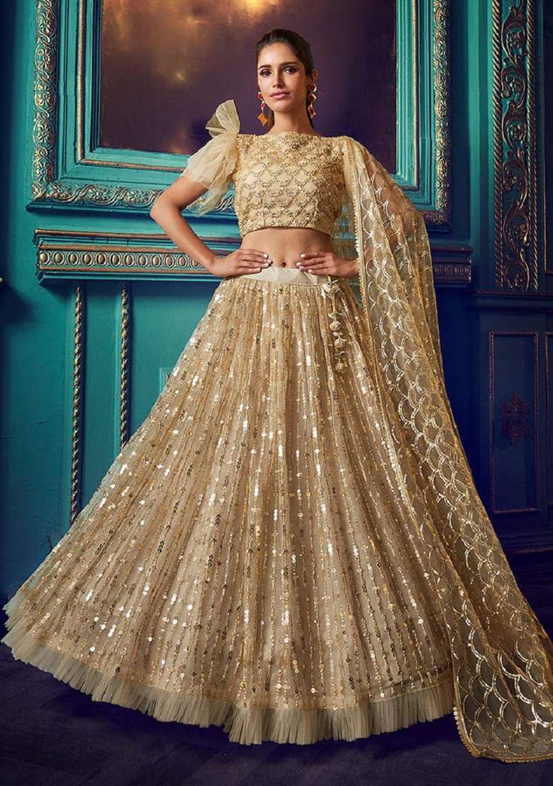 Beige Net Lehenga Set with Embroidered for Diwali | Wedding & Festive Wear - Indya