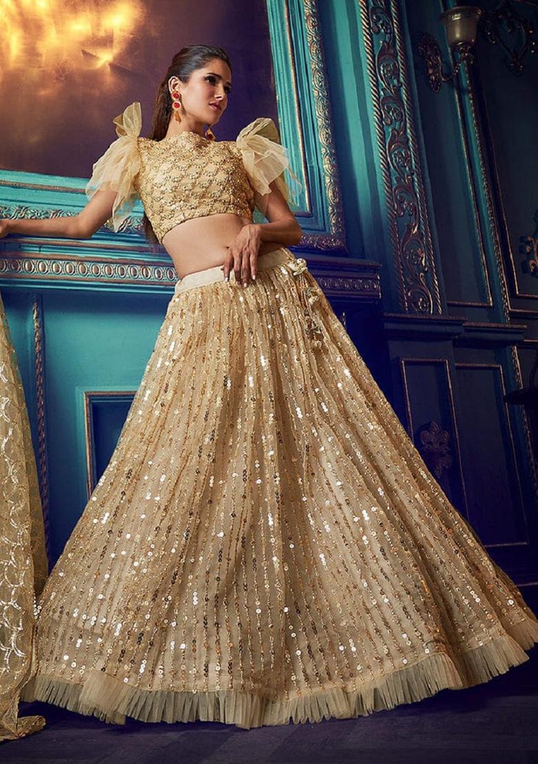 Beige Embroidered Net Lehenga Set