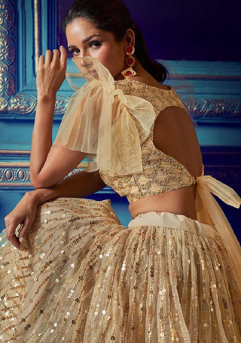 Beige Net Lehenga Set with Embroidered for Diwali | Wedding & Festive Wear - Indya