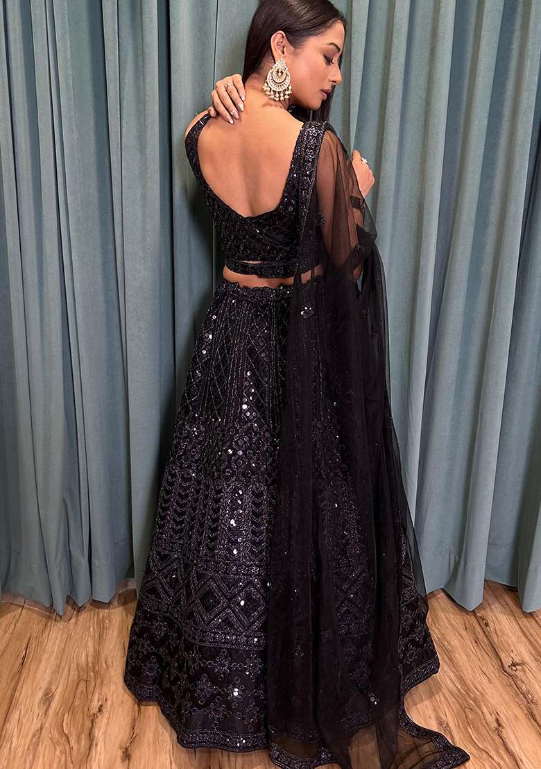 Black Net Lehenga Set with Embroidered for Diwali | Wedding & Festive Wear - Indya
