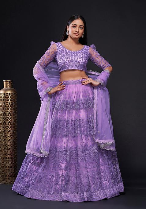 Lavender Embroidered Net Lehenga Set