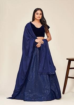 Blue Embroidered Silk Lehenga Set