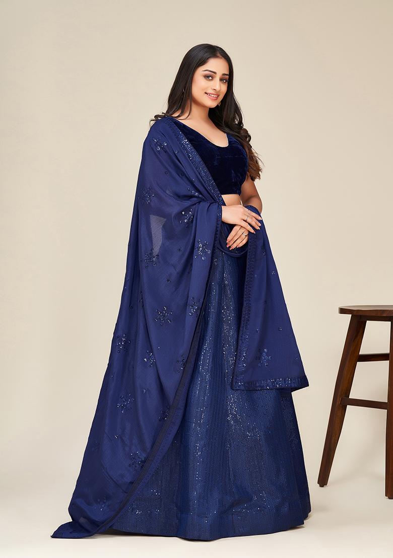 Blue Embroidered Silk Lehenga Set