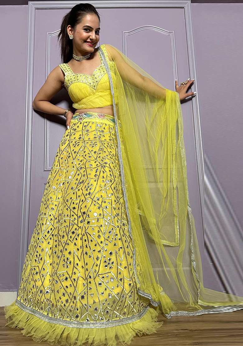 Yellow Embroidered Georgette Lehenga Set for Diwali and Festive Wear - Indya