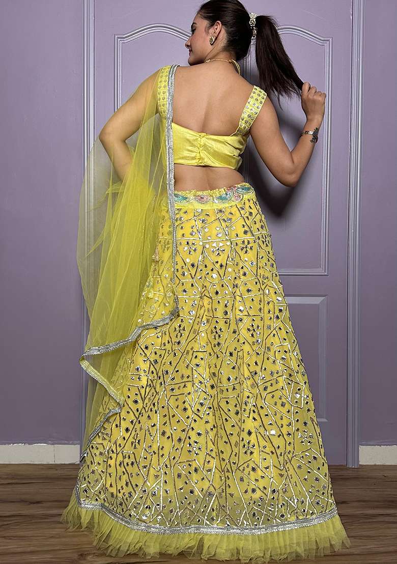 Yellow Embroidered Georgette Lehenga Set for Diwali and Festive Wear - Indya
