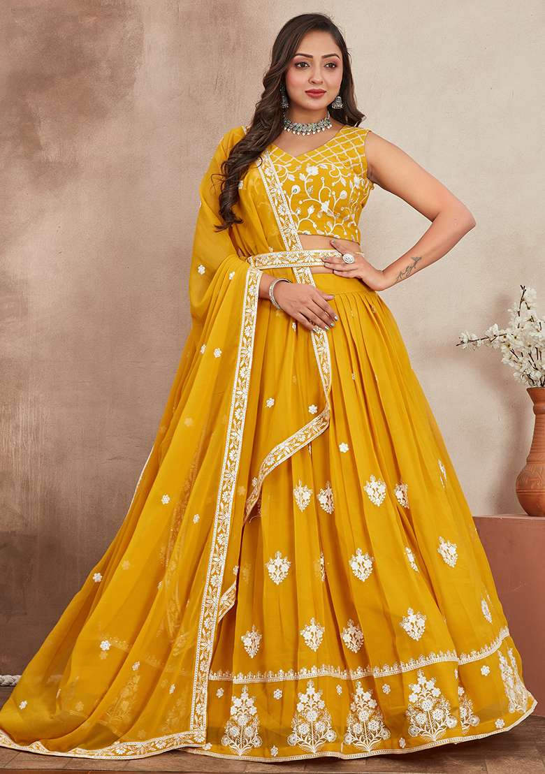 Mustard Yellow Georgette Lehenga Set with Embroidered for Diwali | Wedding & Festive Wear - Indya