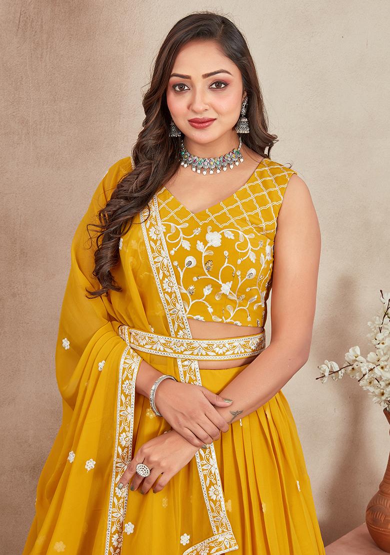 Mustard Yellow Embroidered Georgette Lehenga Set