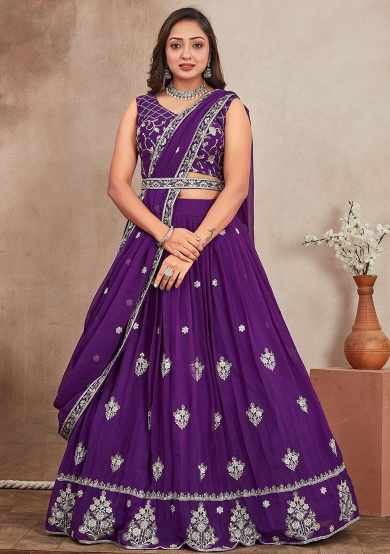 Mustard Yellow Georgette Lehenga Set with Embroidered for Diwali | Wedding & Festive Wear - Indya