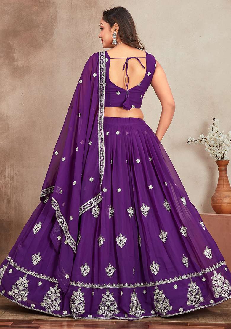 Mustard Yellow Georgette Lehenga Set with Embroidered for Diwali | Wedding & Festive Wear - Indya
