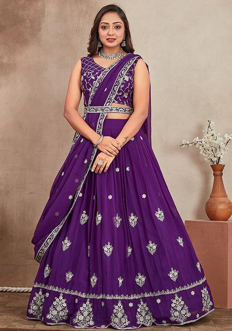 Mustard Yellow Embroidered Georgette Lehenga Set