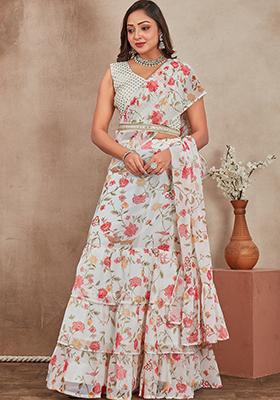 Off White Embroidered Georgette Lehenga Set