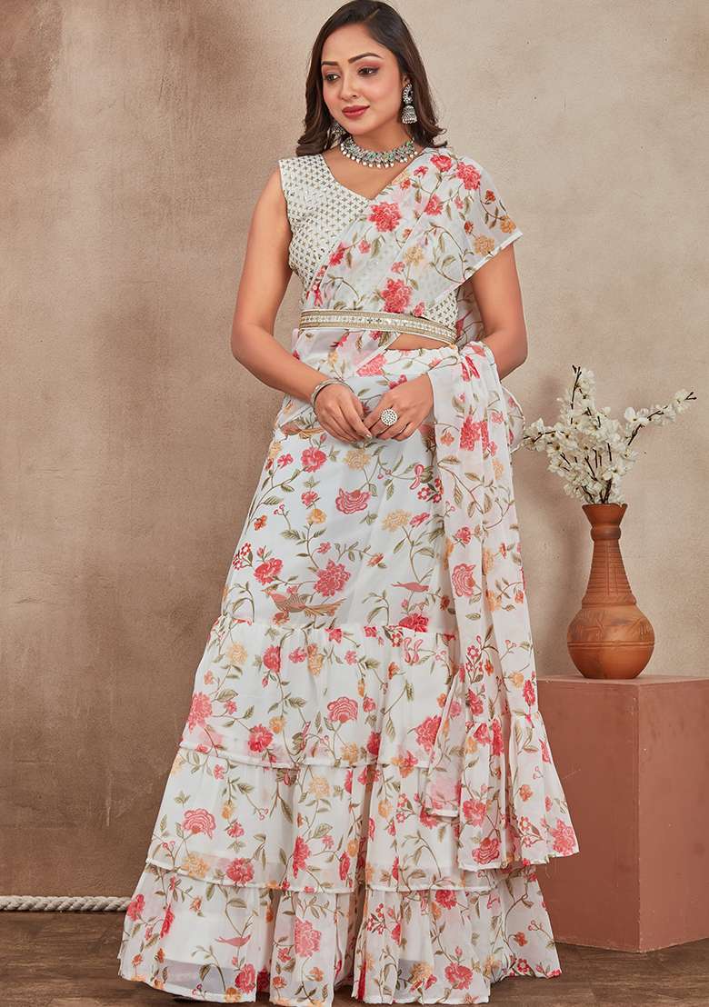 Off White Georgette Lehenga Set with Embroidered for Diwali | Wedding & Festive Wear - Indya