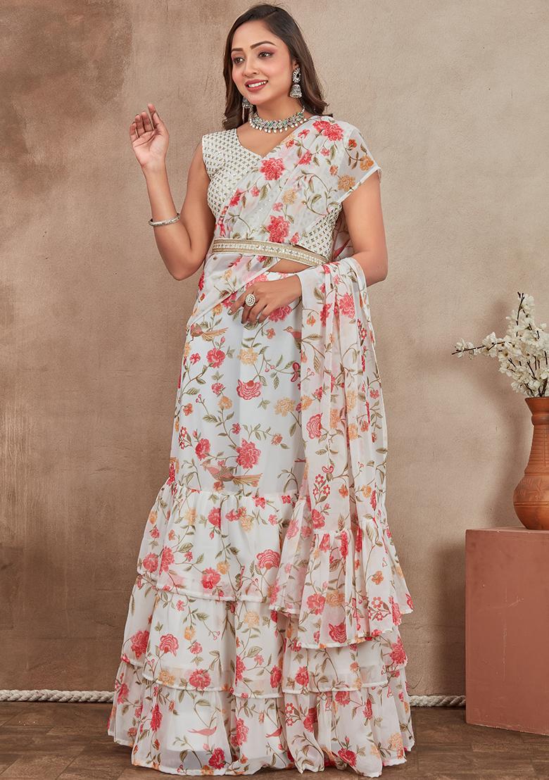 Off White Embroidered Georgette Lehenga Set