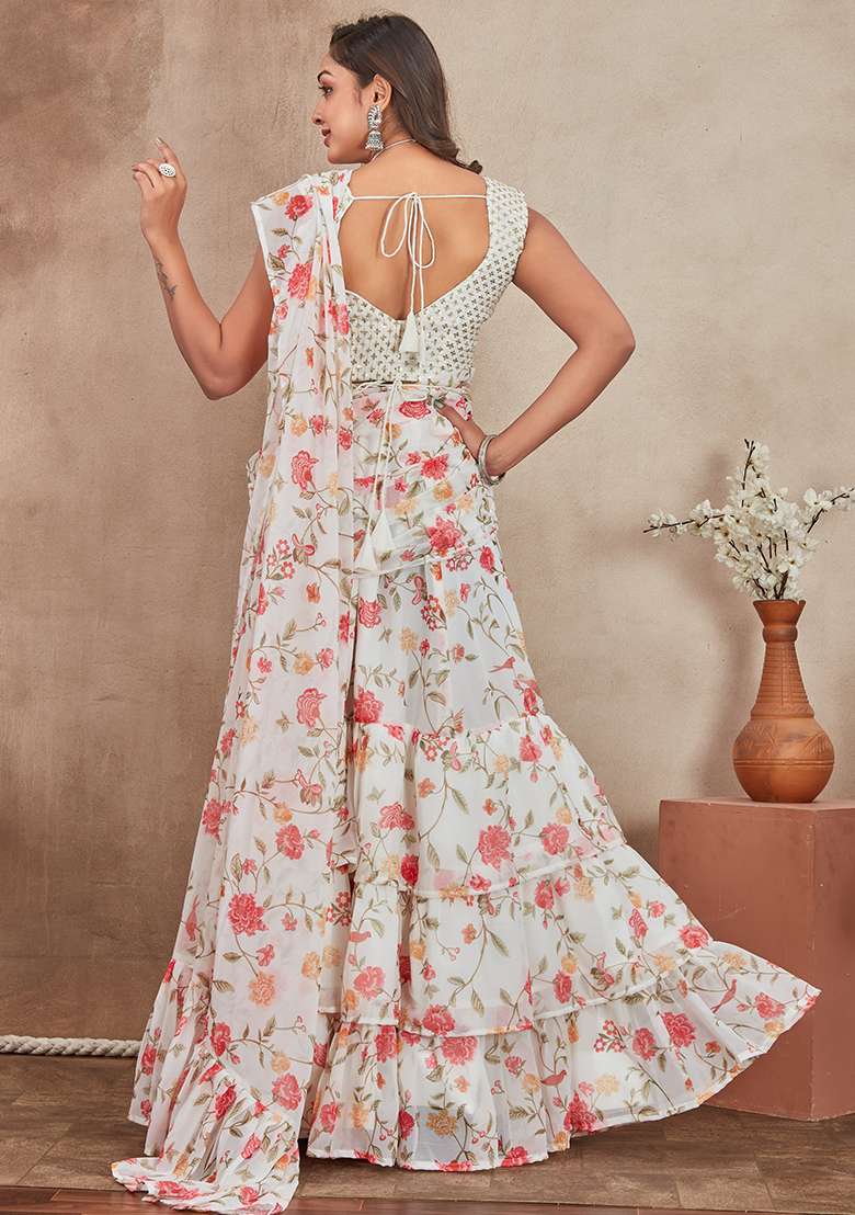 Off White Georgette Lehenga Set with Embroidered for Diwali | Wedding & Festive Wear - Indya