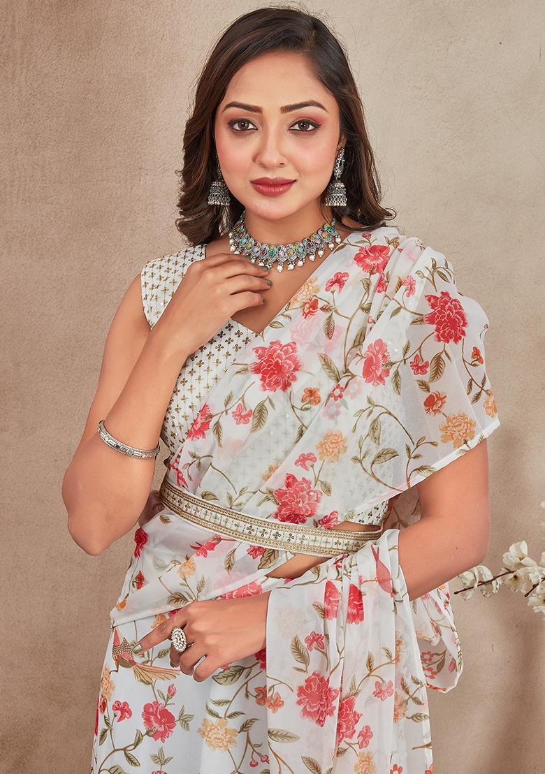 Off White Embroidered Georgette Lehenga Set