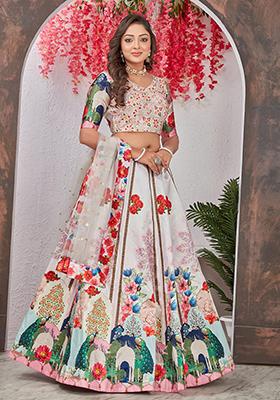 Off White Embroidered Georgette Lehenga Set