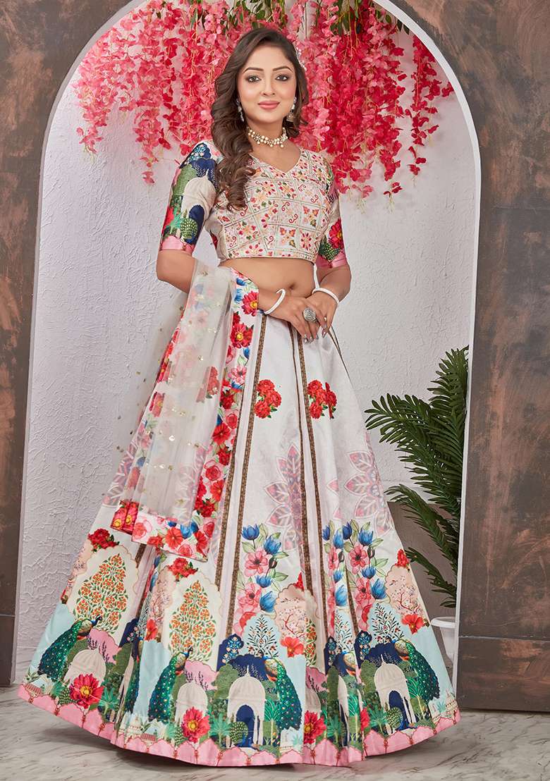 Off White Embroidered Georgette Lehenga Set for Diwali and Festive Wear - Indya