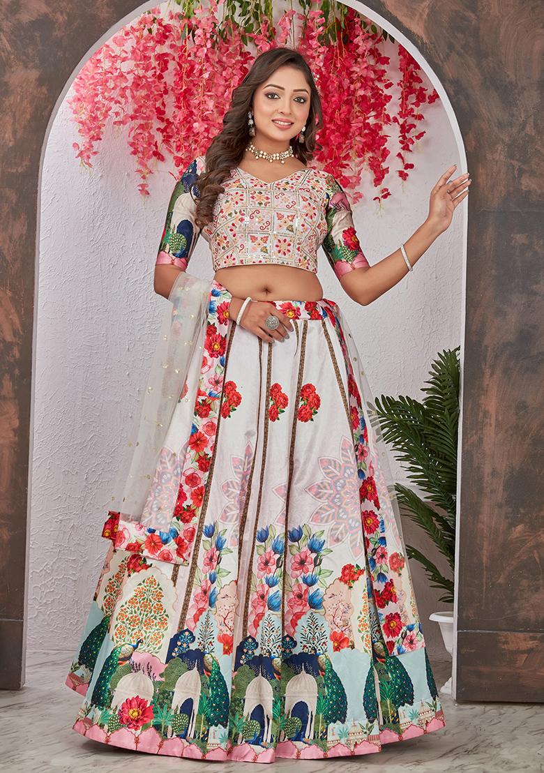 Off White Embroidered Georgette Lehenga Set