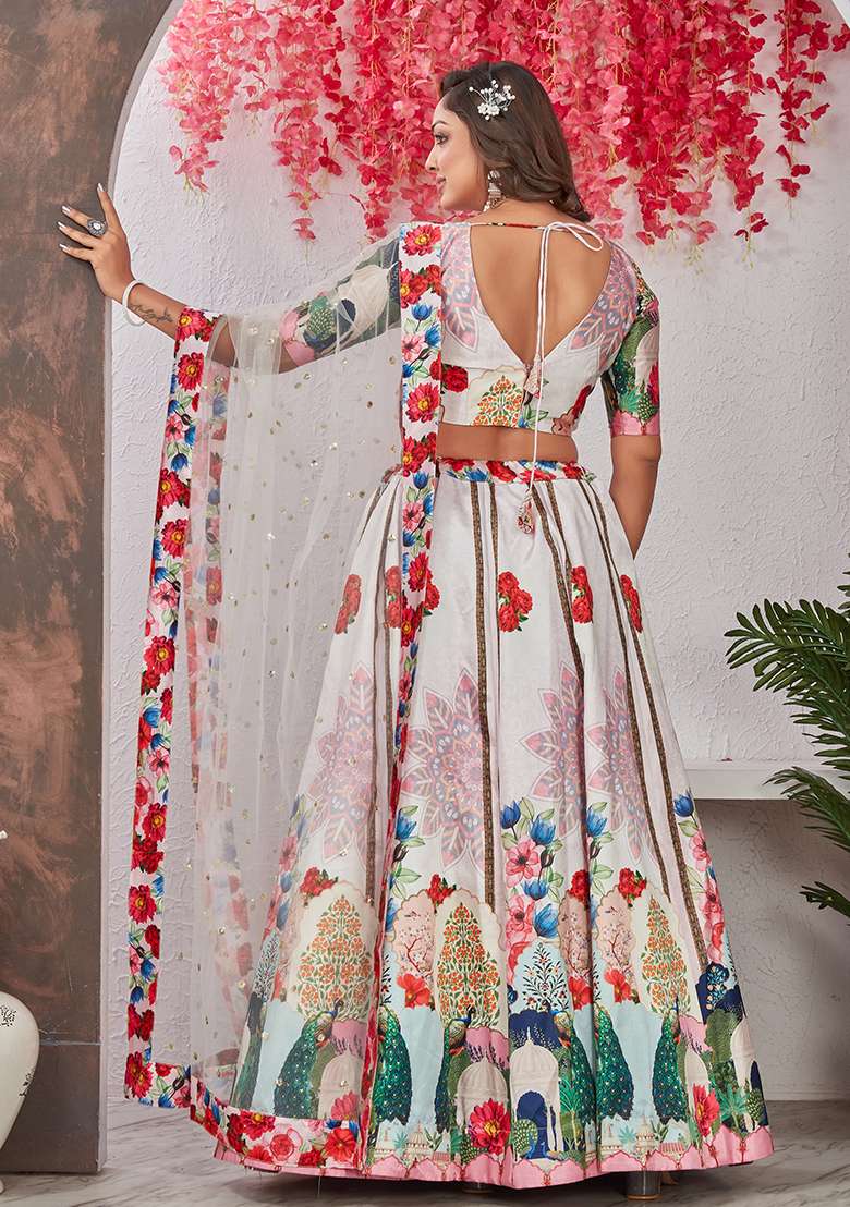 Off White Embroidered Georgette Lehenga Set for Diwali and Festive Wear - Indya