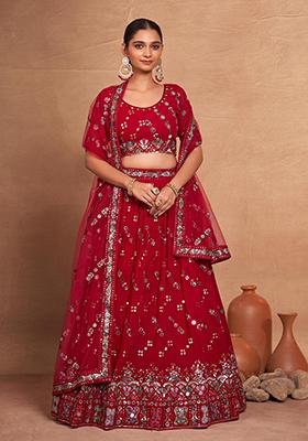 Red Sequin Embroidered Georgette Lehenga Set