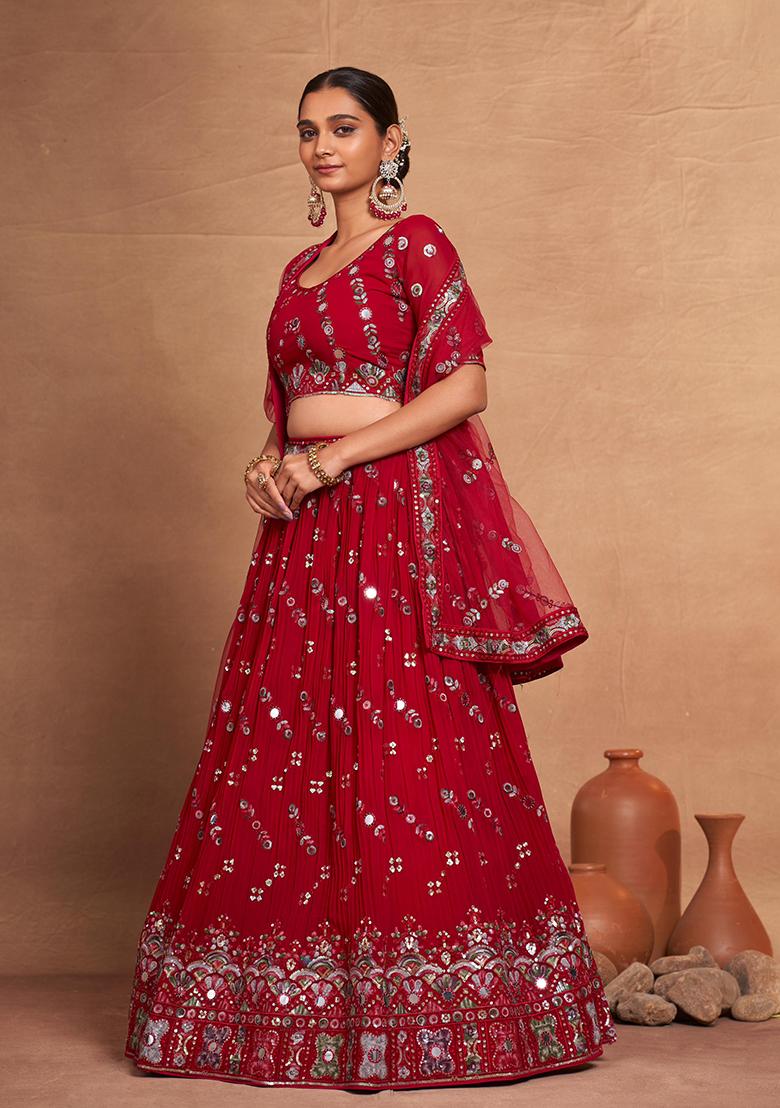 Red Sequin Embroidered Georgette Lehenga Set