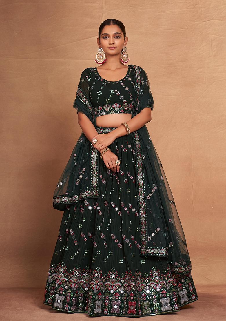 Green Sequin Embroidered Georgette Lehenga Set