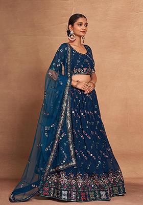 Teal Blue Sequin Embroidered Georgette Lehenga Set