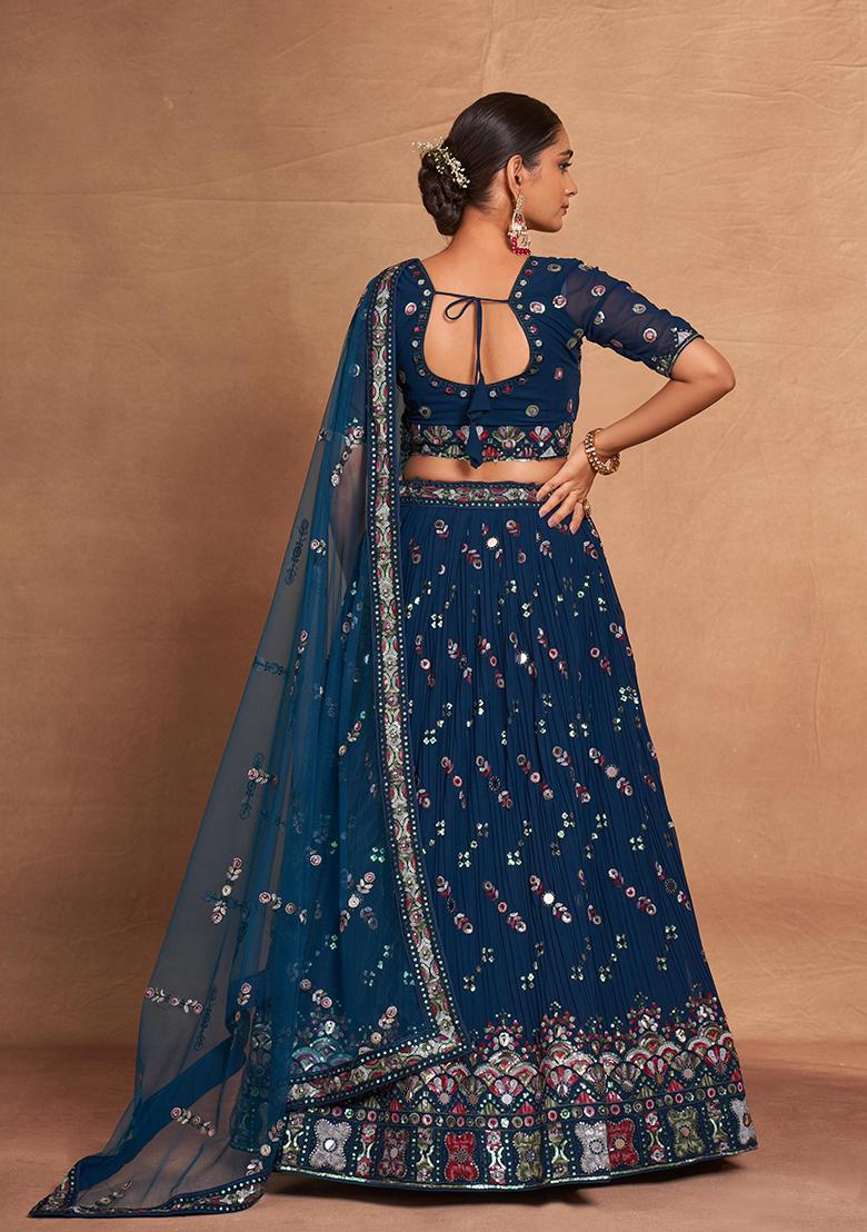 Teal Blue Sequin Embroidered Georgette Lehenga Set