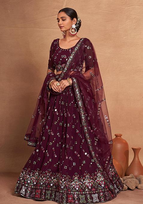 Purple Sequin Embroidered Georgette Lehenga Set