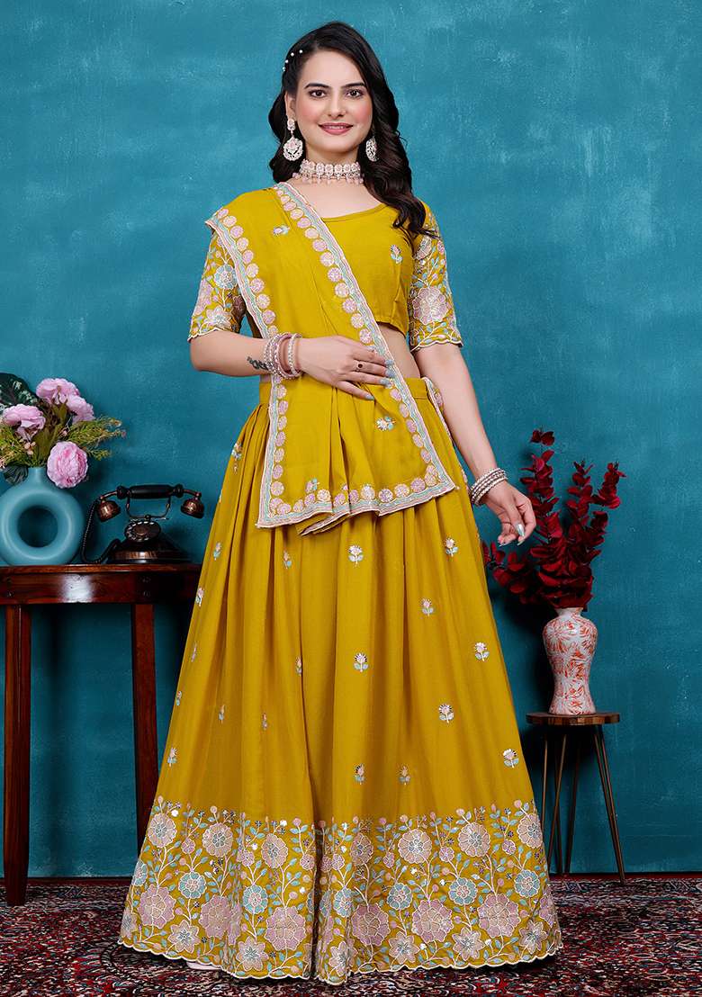 Yellow Georgette Lehenga Set with Embroidered & Sequin for Diwali | Wedding & Festive Wear - Indya