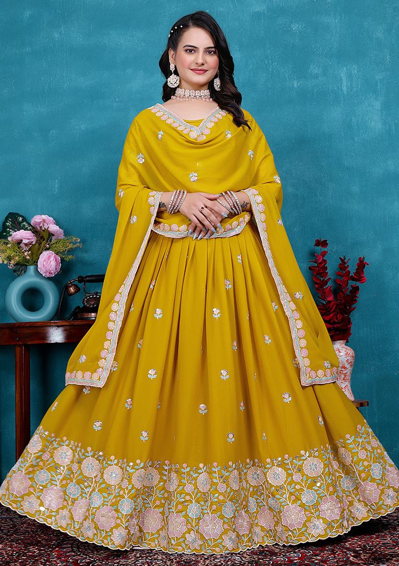 Yellow Sequin Embroidered Georgette Lehenga Set