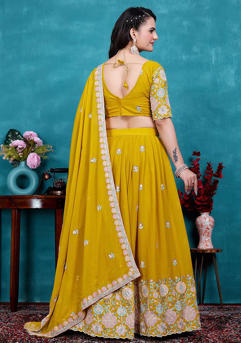 Yellow Georgette Lehenga Set with Embroidered & Sequin for Diwali | Wedding & Festive Wear - Indya