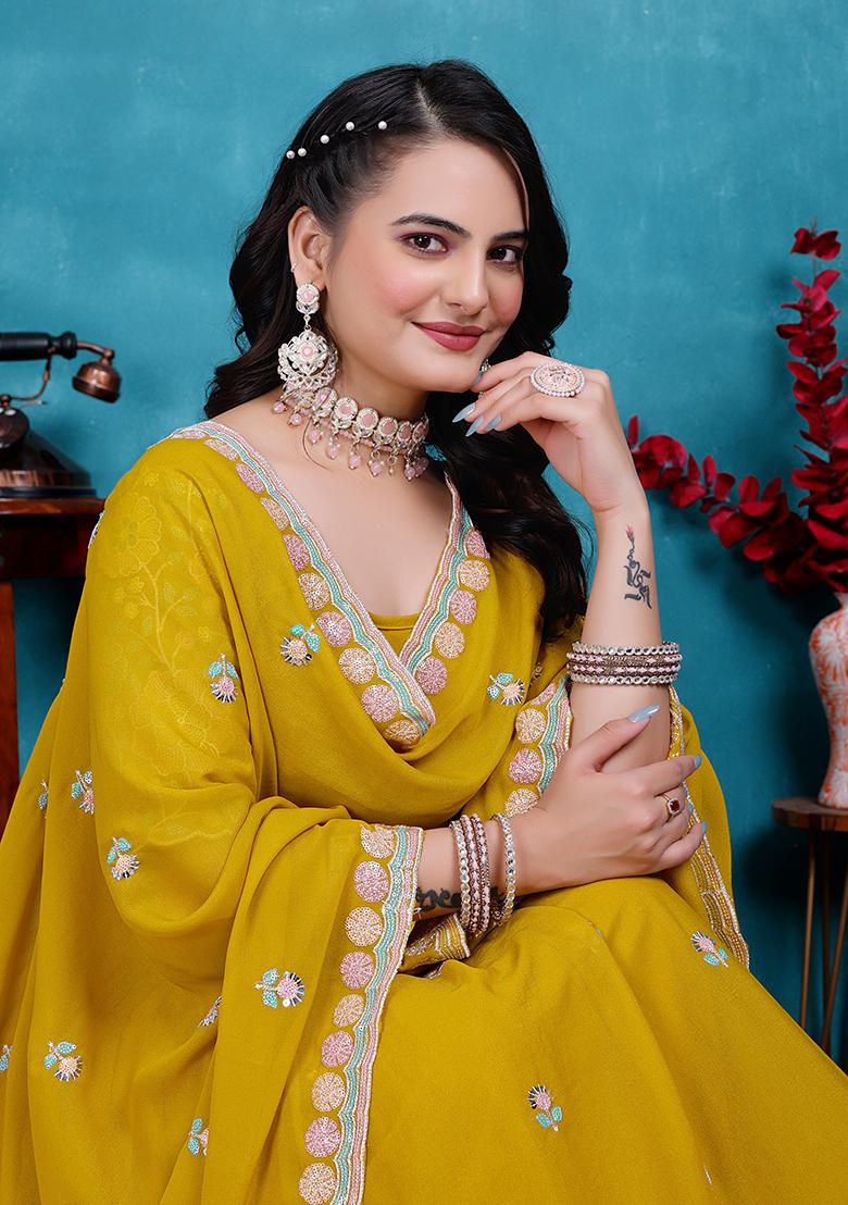 Yellow Sequin Embroidered Georgette Lehenga Set