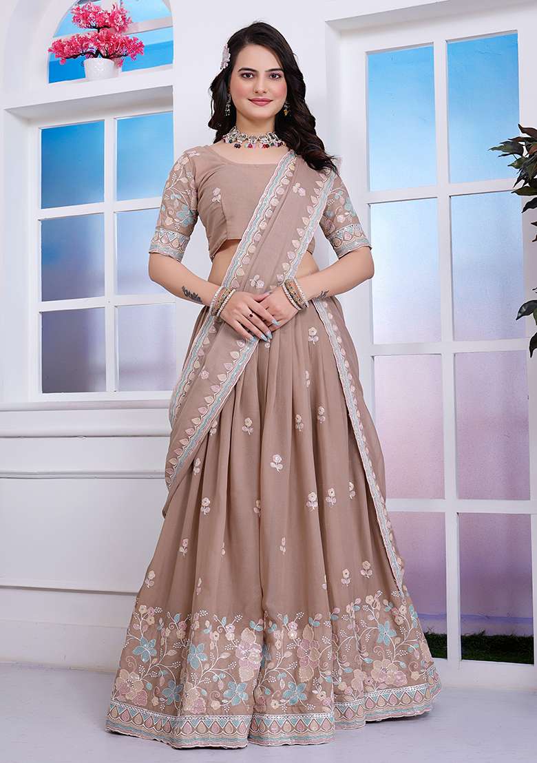 Chiku Brown Georgette Lehenga Set with Embroidered & Sequin for Diwali | Wedding & Festive Wear - Indya