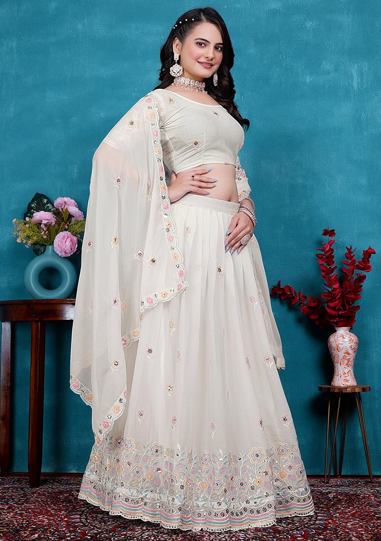 White Sequin Embroidered Georgette Lehenga Set
