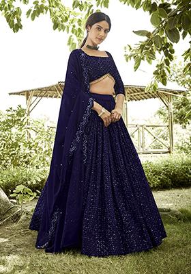 Blue Embroidered Georgette Lehenga Set