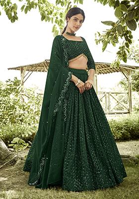 Green Embroidered Georgette Lehenga Set