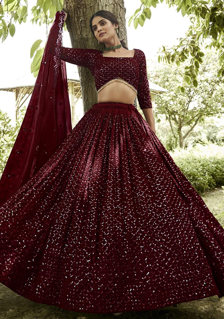 Maroon Embroidered Georgette Lehenga Set